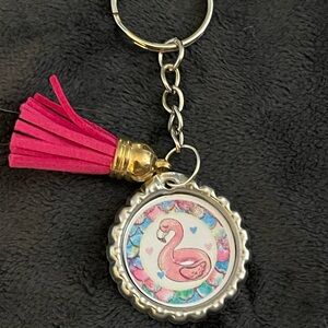 Pink Flamingo Bottlecap Keychain with Hot Pink Tassel